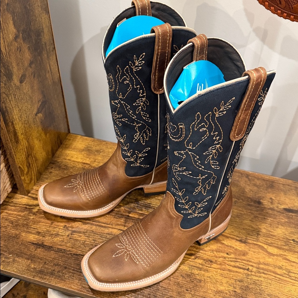 Lane BRIDLEWOOD Womens Square Toe Cowboy Boots Brown Navy Western Size 9